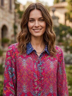 BENARES Pink & Blue Paisley Floral Silk Button Down Blouse | Size Small (S)